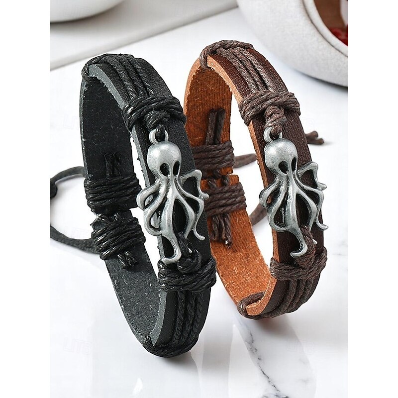 Men's Octopus Charm Leather Bracelet – Adjustable Nautical Rope Wristband for Surfers, Rock Fans and Casual Outfits2