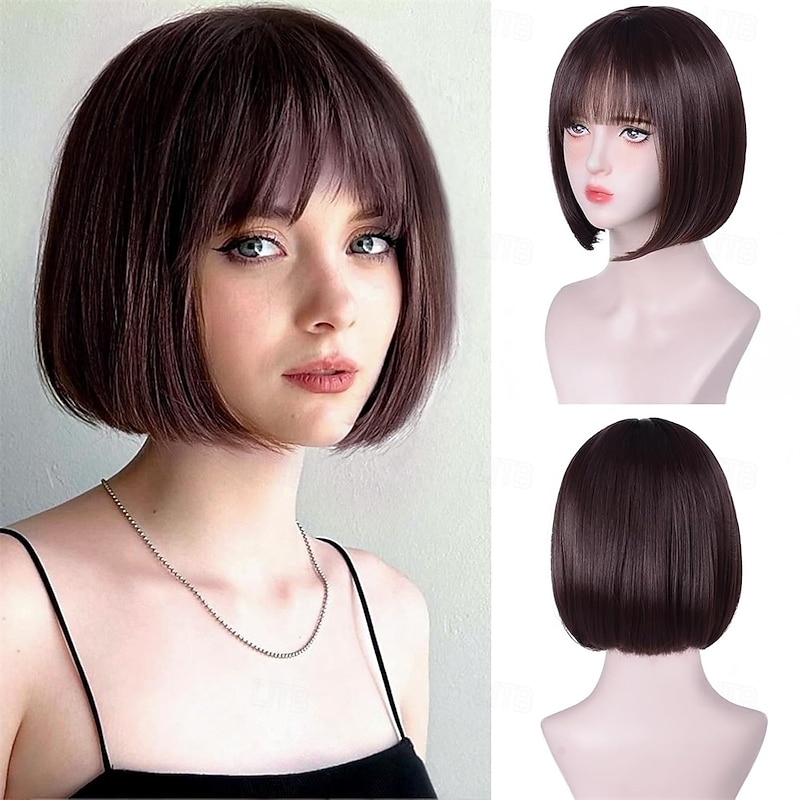 Short Brown Bob Wig With Bangs Straight Bob Wigs for Women Brown Bob Synthetic Wig Super Soft and Easy to Wear Straight Bob Wig Colorful Synthetic Wig for Daily Cosplay Halloween
