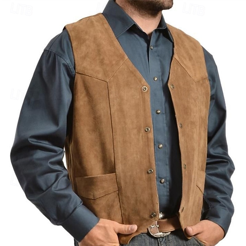 Men's Vest Gilet Vacation Daily Date Fashion Casual Spring Fall Buttons Pocket Polyester Comfortable Plain Single Breasted One-button V Neck Regular Fit Black Camel Vest