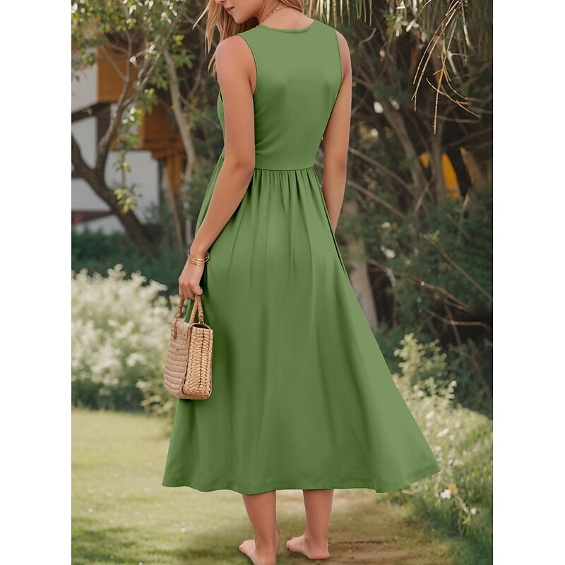 Women's Midi Dress Sundress A Line Dress Off The Shoulder Dress Vacation Casual Beach Outdoor Party Going out Regular Fit Solid Color Graphic Plain Sleeveless U Neck White Pink Wine Navy Blue Summer2