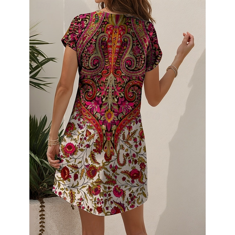 Women's Mini Dress Knit Dress Casual Dress T Shirt Dress Tee Dress Sundress Vacation Casual Beach Regular Fit Floral Graphic Vintage Short Sleeve V Neck Red Blue Purple Green Summer Spring2