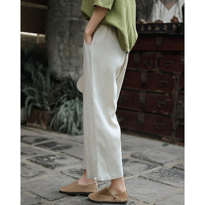 Women's Wide Leg Cotton Linen Pants Pants Trousers Vacation Fashion Ankle-Length Mid Waist Plain Elastic Waist Breathable Comfortable Micro-elastic Street Daily Wear Going out Black Beige Summer2