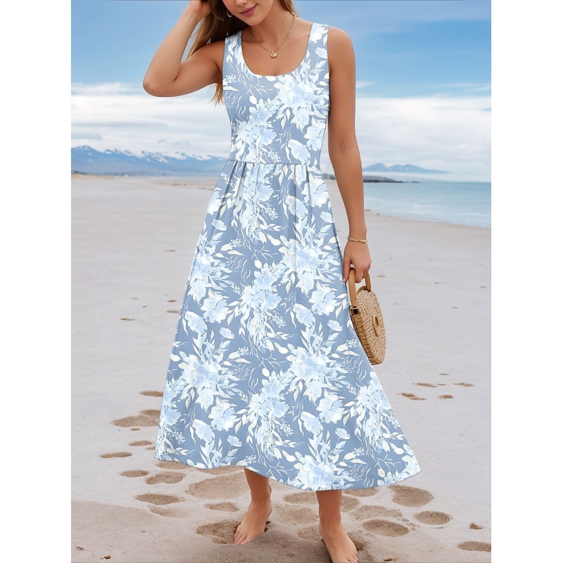 Women's Maxi Dress Sundress A Line Dress Slip Dress Pleated Dress Vacation Casual Boho Going out Beach Regular Fit Floral Graphic Sleeveless U Neck Blue Summer Spring3