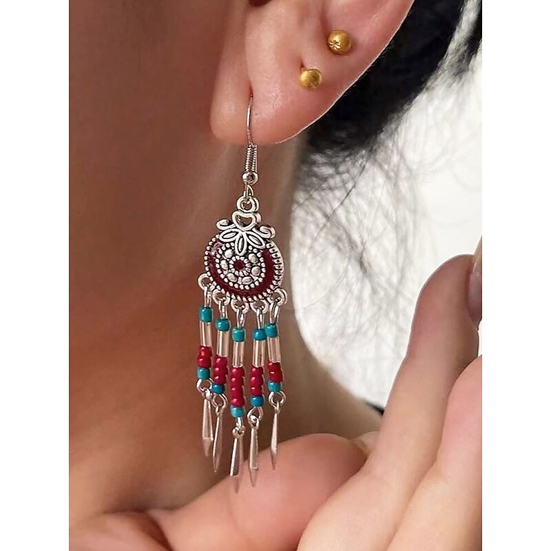 Bohemian Style Beaded Dangle Earrings for Women - Colorful Red and Blue, Tribal Chic, Perfect for Summer, Festivals and Casual Outfits2
