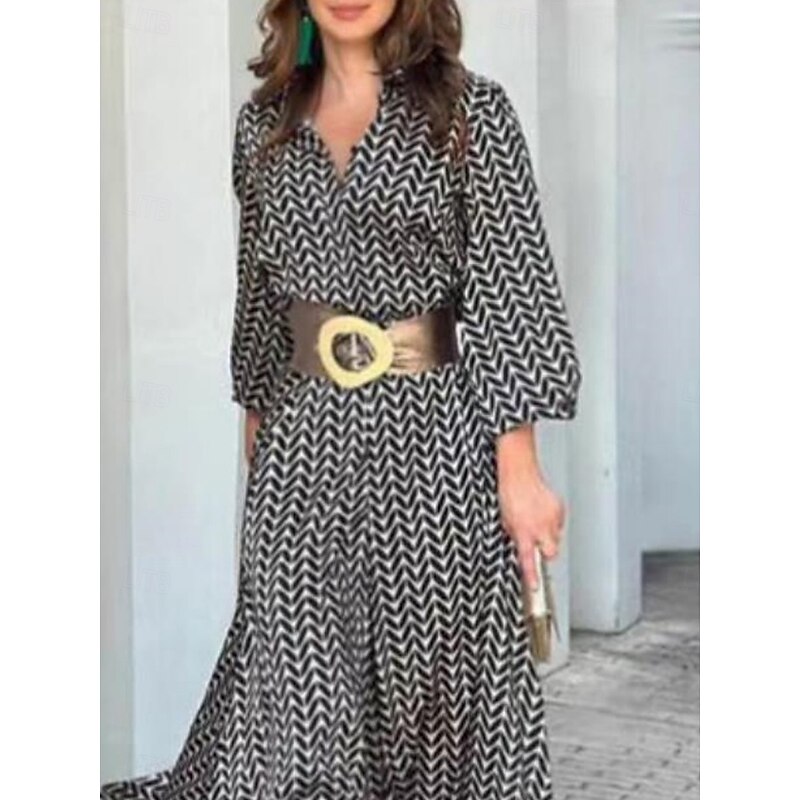 Women's Maxi Dress Shift Dress Work Dresses Casual Semi Formal Office Regular Fit Graphic Geometric Long Sleeve Shirt Collar Black Summer Spring