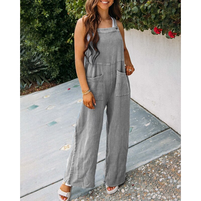 Women's Normal Dungarees Jumpsuit Streetwear Solid Color Sleeveless U Neck Pocket Daily Going out Regular Fit Red Navy Blue Khaki Summer2