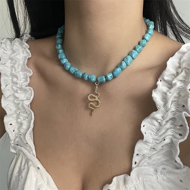 1PC Necklace For Women's Stone Blue Street Daily Alloy Retro Snake Sun2