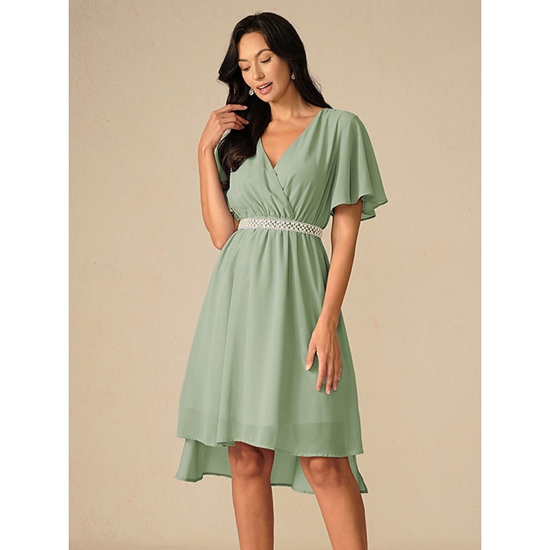 Women's Wedding Guest Cocktail Dress Bridesmaid Chiffon Split Thigh Elegant Midi Dress V Neck Short Flounce Sleeve Pink Blue Green Color