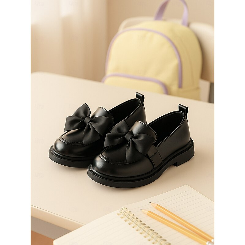 Little Girls' Black Patent Loafers with Big Bow – Cute and Comfy School Shoes for Kindergarten and Grade School
