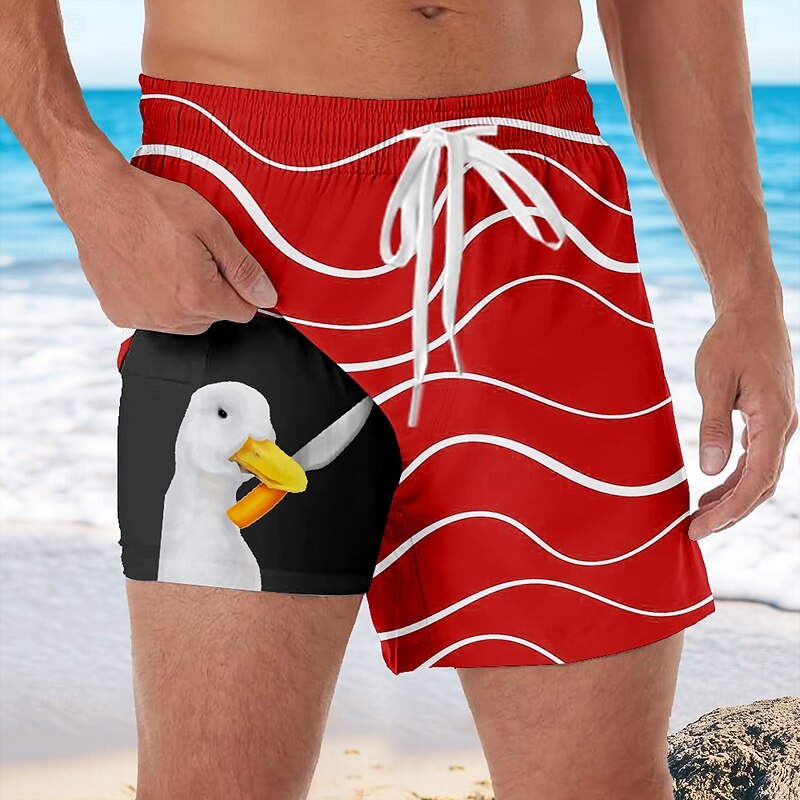 Men's Geometric Funny Duck Lined Shorts 2 in 1 Board Shorts Swim Shorts Mid Waist Hawaiian Vacation Holiday Beach Wear Side Pockets With Compression Liner Elastic Drawstring Waist Designer Clothing3