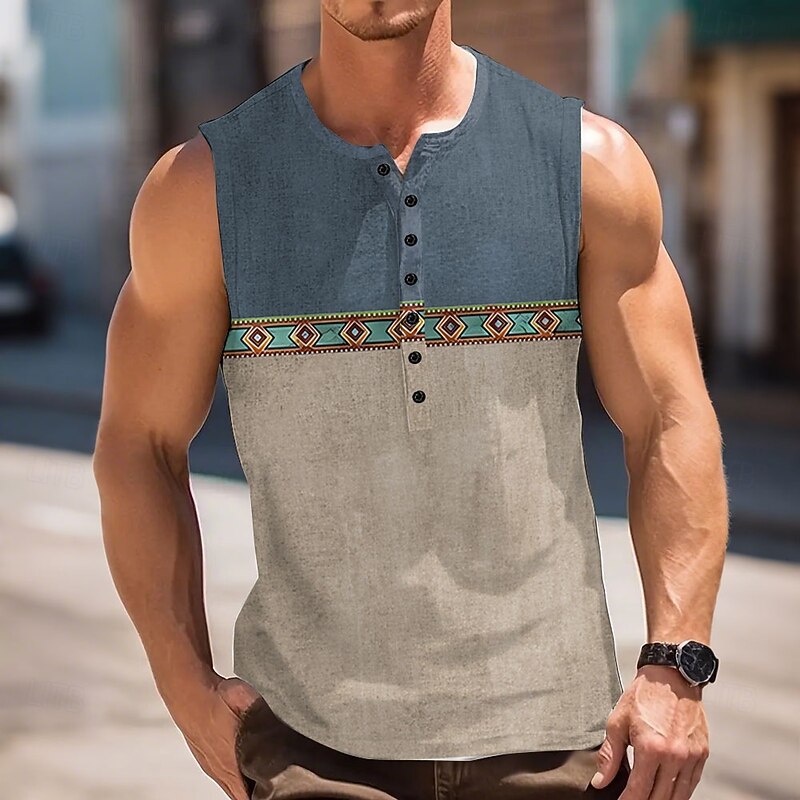 Men's Color Block Vintage Tank Top Henley Shirt Sleeveless Vintage Fashion Designer Outdoor Casual Daily Summer Spring &  Fall Dark Brown Blue Green Henley Henley T-Shirt4