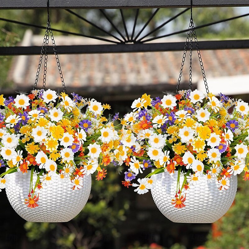 8 Bundles Artificial Daisy Flowers for Outdoors Summer Decor UV Resistant Faux Cemetery Flowers Plastic Greenery Shrub Fake Artificial Plants Outside Home Gardens Porch Planter Indoor Spring2