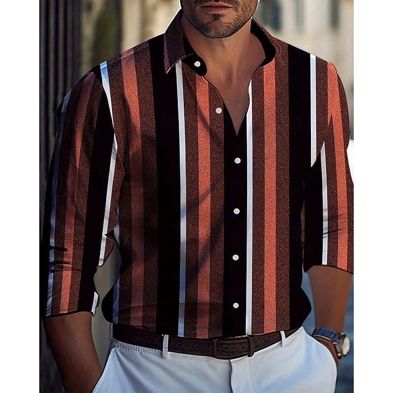 Men's Casual Shirt Beach Shirt Button Up Shirt Black Yellow Wine Red Blue Long Sleeve Stripes and Plaid Lapel Vacation Hawaiian Button-Down Clothing Apparel Polyester Fashion Casual Comfortable2