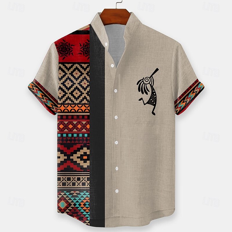 Men's Geometric Aztec Ethnic Shirt Button Up Shirt Stand Collar Shirt Short Sleeve Vintage Retro Vacation Dailywear Beach Wear Summer Spring Mandarin Collar 3D Print Linen Like Shirt Green Khaki