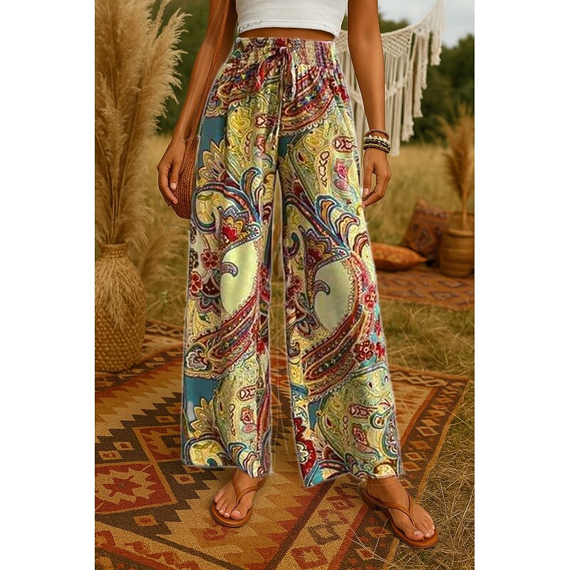 Women's Wide Leg Pants Trousers Bohemian Casual Long High Waist Plain Printing Elastic Drawstring Design High Cut Breathability Soft Micro-elastic Vacation Street Daily Wear Yellow Purple Gold Green2