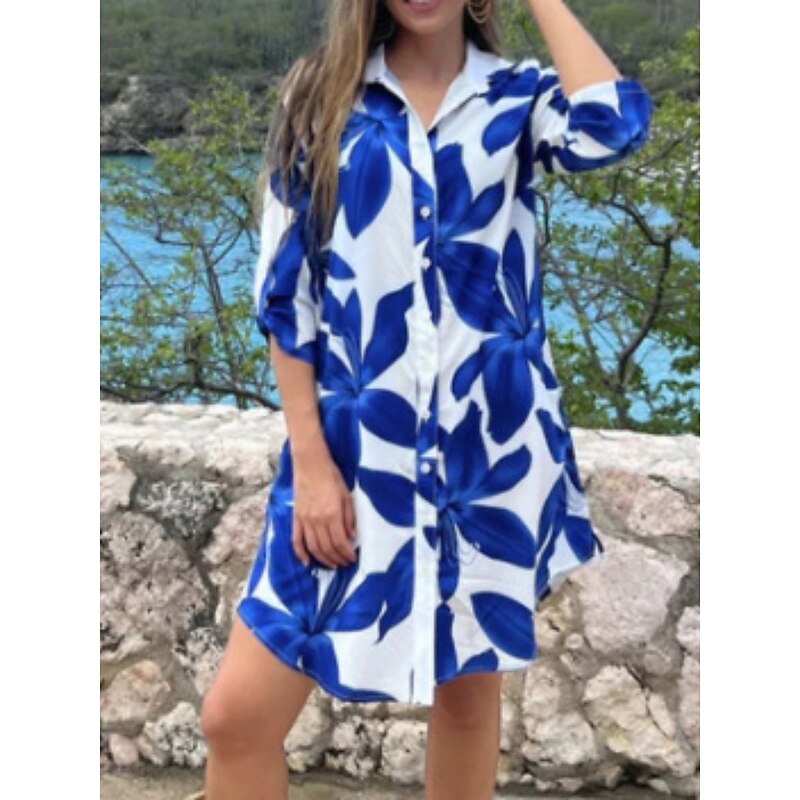 Women's Mini Dress Shirt Dress Casual Dress Summer Dress Fashion Modern Daily Weekend Regular Fit Floral Leaf Long Sleeve Shirt Collar Black White Blue Green Summer3