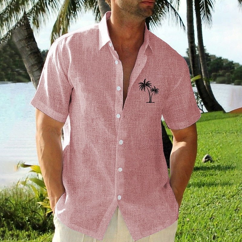 Men's Coconut Tree Shirt Linen Shirt Button Up Shirt Short Sleeve Hawaiian Resort Beach Vacation Daily Holiday Summer Turndown Collared Shirts Pink Blue Green3
