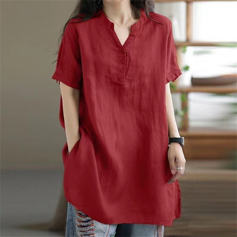 Women's Cotton Linen Shirts Plain Daily Stylish Basic Short Sleeve V Neck Regular Tops Work Daily Holiday Pocket Black Wine Khaki Summer Spring2