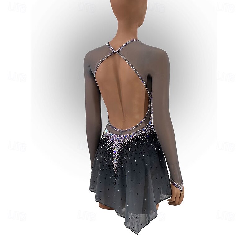 Figure Skating Dress Women's Girls' Ice Skating Dress Black Sliver Thumbhole Open Back Mesh High Elasticity Training Competition Skating Wear Classic Crystal / Rhinestone Long Sleeve Ice Skating2