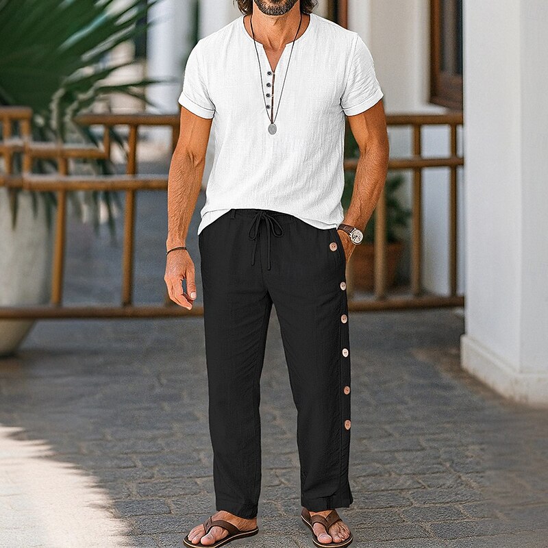 Men's Linen Pants Trousers Summer Pants Baggy Pants Drawstring Elastic Waist Side Button Plain Breathable Full Length Outdoor Vacation Casual Vacation Ethnic Style Black White3