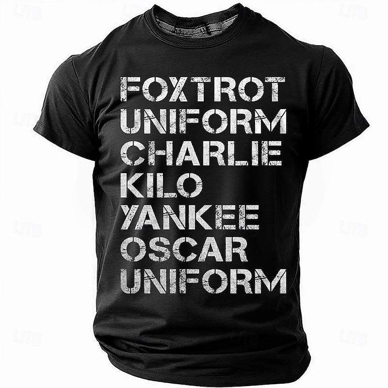 Men's Foxtrot Uniform Charlie Kilo Yankee Oscar Uniform Graphic T-Shirt | Funny NATO Phonetic Alphabet Wordplay Humor Short Sleeve Tee
