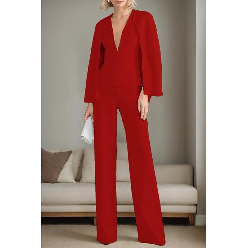 Women's 2 Pieces Suits Formal Wedding Guest Elegant Minimalist Long Sleeve Floor Length V Neck4