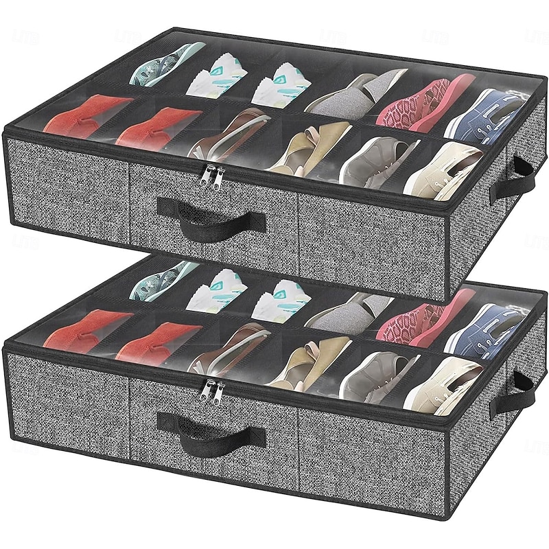 2 Pack Under Bed Shoe Storage Organizer, 24 Compartments, Underbed Shoes Closet Storage Solution with Clear Window, Breathable, Foldable Fabric Container Box with Reinforced Handles