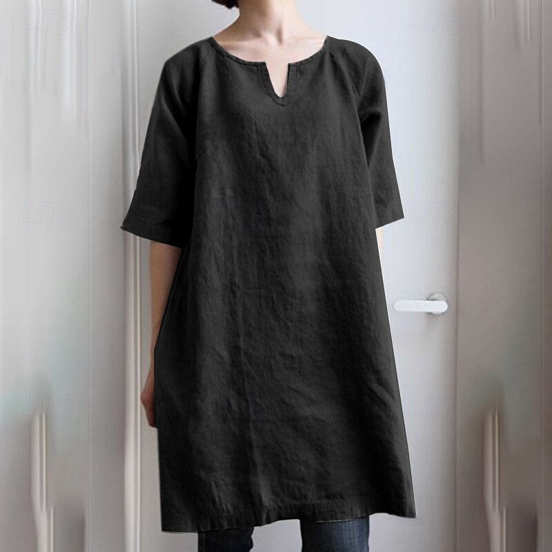 Women's Cotton Linen Shirts Button Up Blouse Plain Basic Modern Short Sleeve V Neck Long Tops Daily Going out Black White Army Green Summer4