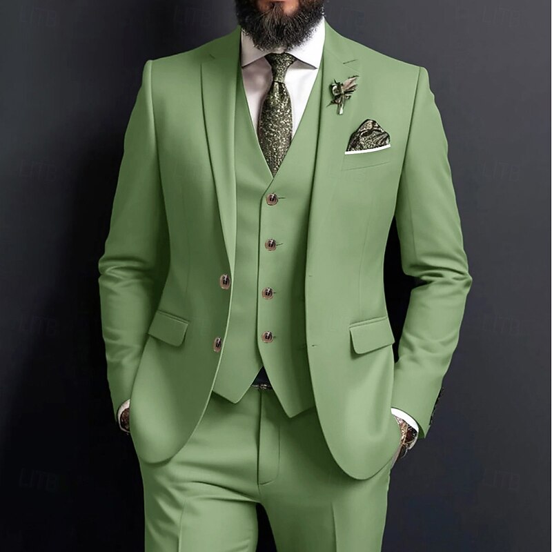 Men's Wedding Business Suits Notch Lapel Sage Formal Solid Colored Standard Fit 3 Piece Single Breasted Two-buttons - Main Image