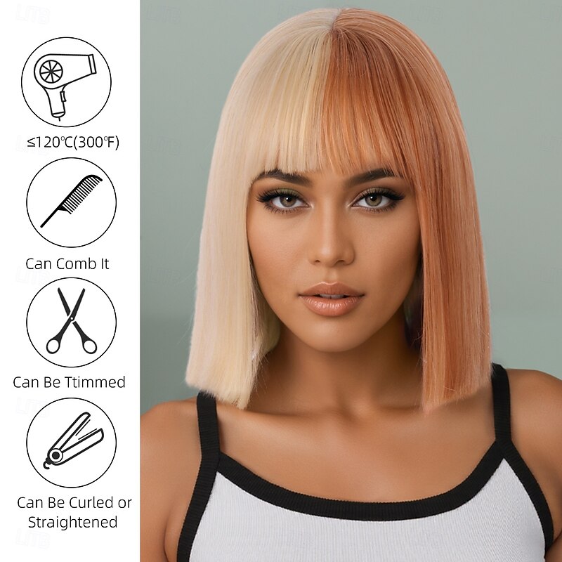 Synthetic Wig kinky Straight Yaki Straight Deep Parting Neat Bang Machine Made Wig 12 inch A1 Synthetic Hair Women's Classic Comfortable Color Gradient Multi-color3