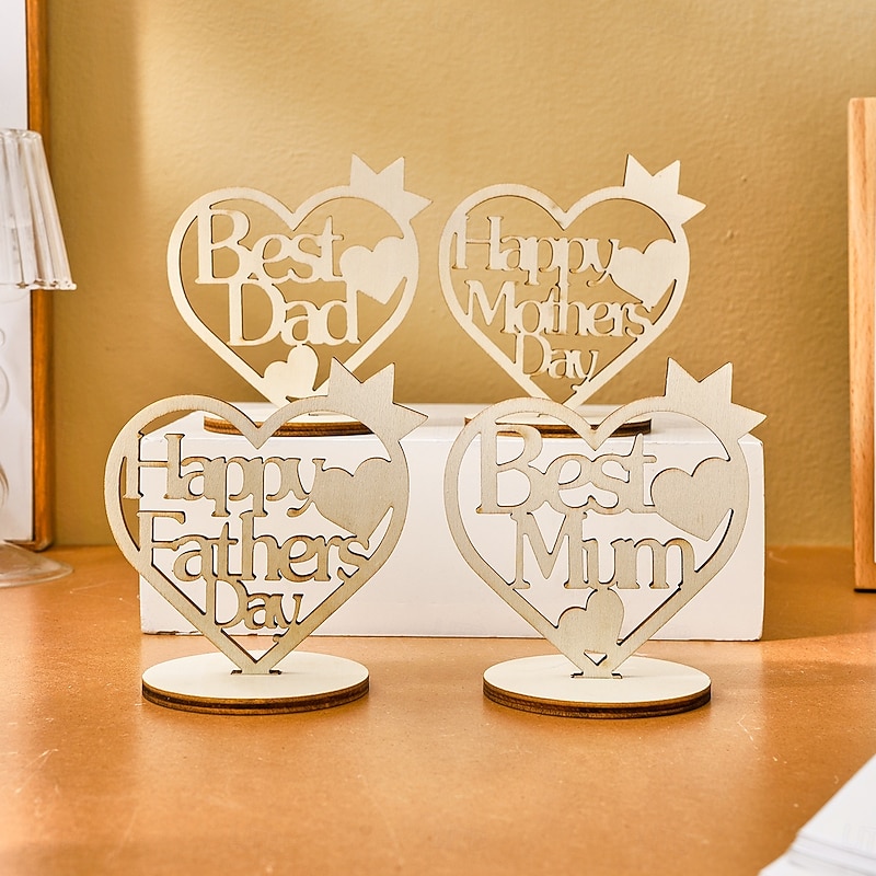 Father's Day Mother's Day Wooden Heart Crown Decor Gift, Best Dad Mom Cutout Letter Ornament, Modern Tabletop Decoration for Parent Celebration or Home Display