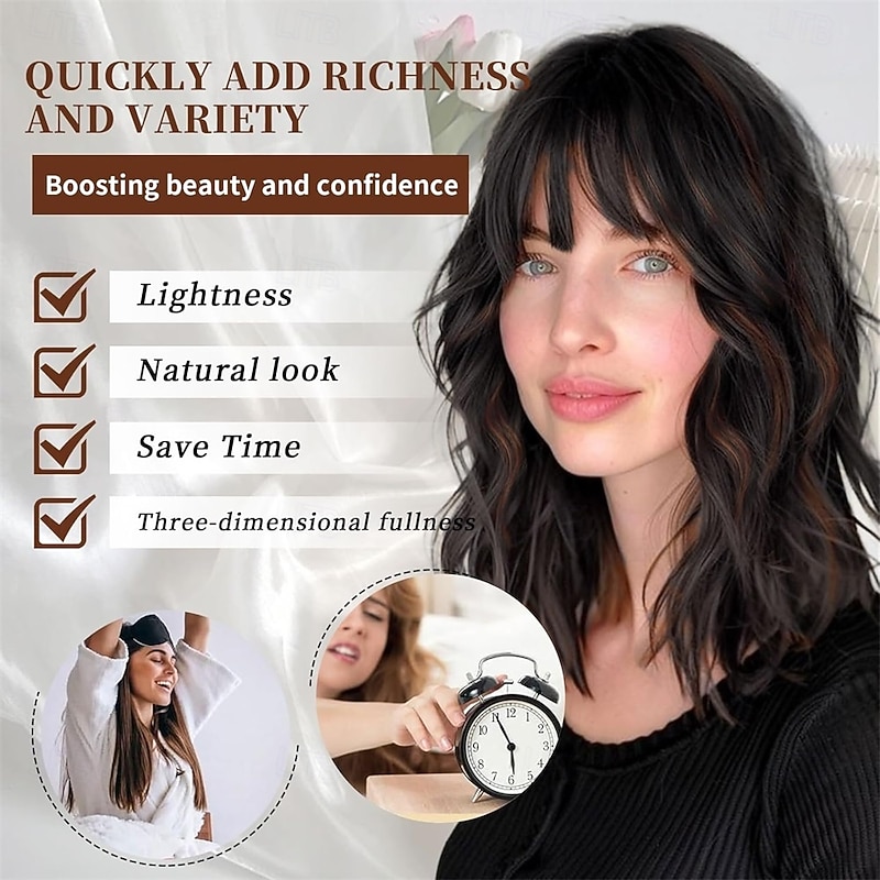 Lativ Black Mix Brown Wig with Bangs Short Wavy Wigs for Women Shoulder Length Curly Bob Wigs 14 Inches for Halloween Cosplay Daily Party Use4