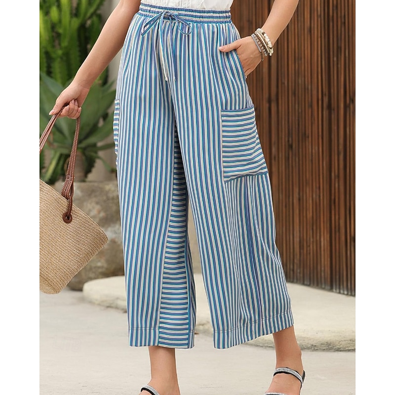 Women's Slacks Pants Trousers Streetwear Casual Full Length Natural Striped Pocket Elastic Drawstring Design Comfy Outdoor Comfortable Street Going out Orange red Light Sky Blue Dark navy Orange
