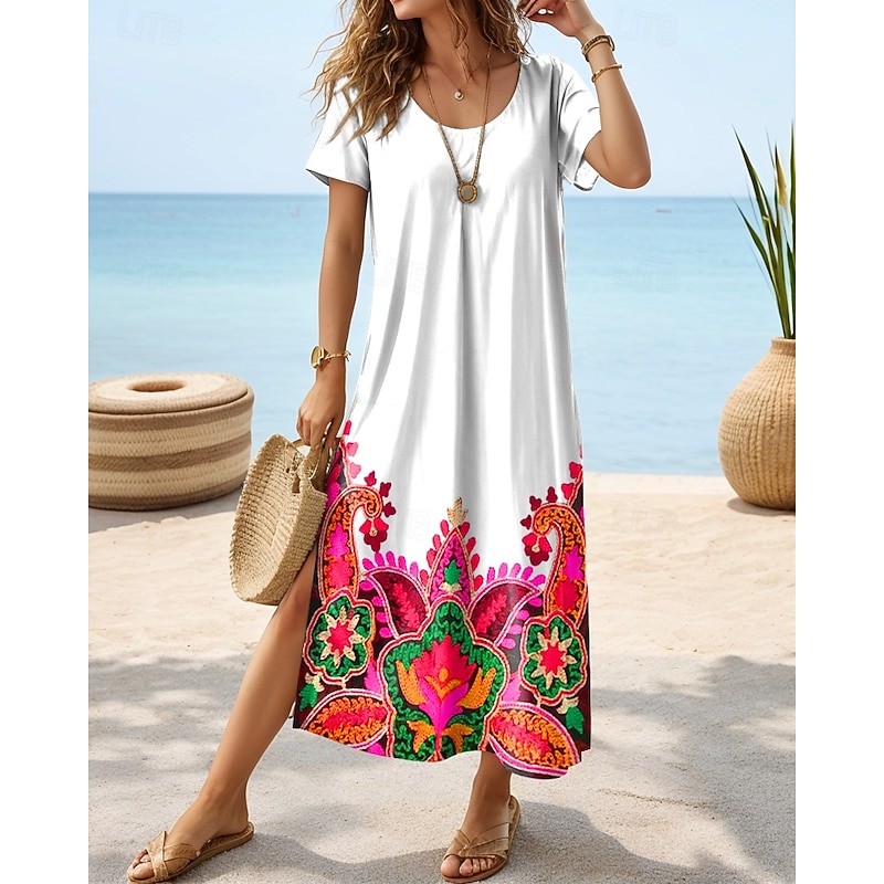 Women's Midi Dress Sundress A Line Dress Vacation Casual Boho Butterfly Sleeve Vacation Beach Regular Fit Floral Graphic Short Sleeve Crewneck White blue White Blue Green Summer3