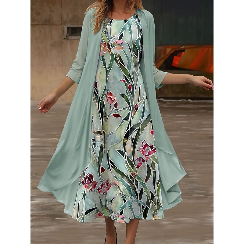 Women's Dress Set Midi Dress Summer Dress Casual Semi Formal Floral Graphic Print 3/4 Length Sleeve Crew Neck Daily Holiday Green Summer Spring Regular Fit