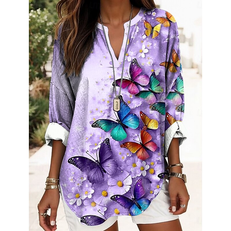 Women's Blouse Tunic V Neck Long Sleeve Boho Casual Floral Graphic Butterfly Elegant Daily Ladies Regular Tops Daily Print Blue Purple Beige2