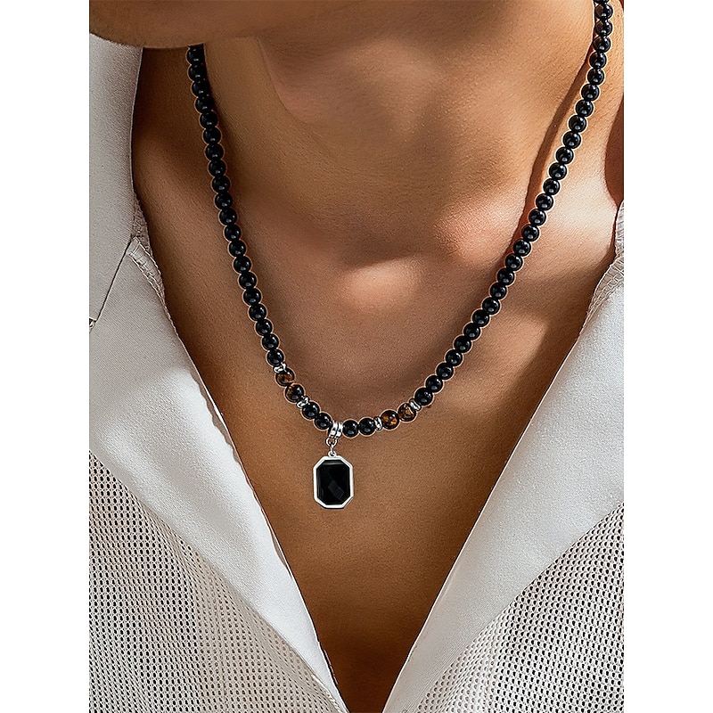 Men's Black Onyx Beaded Necklace with Tiger Eye Accents and Silver Pendant – Stylish Gift for Casual and Formal Occasions2
