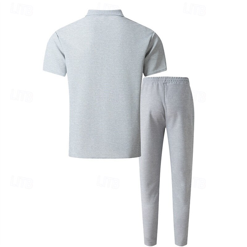 Men's T-shirt Suits Pants Sets 2 Pieces Outfits Short Sleeve Shirt Collar Summer Color Block Fashion Casual 2 Piece Vacation Daily Wear Going out Black Wine Dark Green Top Tee for Men3