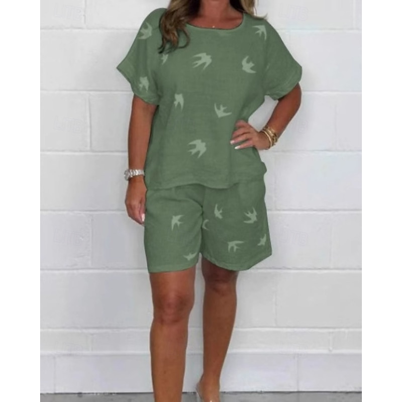 Women's Active Basic Cotton Linen Sets Shorts Sets Short Sleeve Crew Neck Geometric Print Holiday Casual Daily Black White Brown Summer Regular Fit