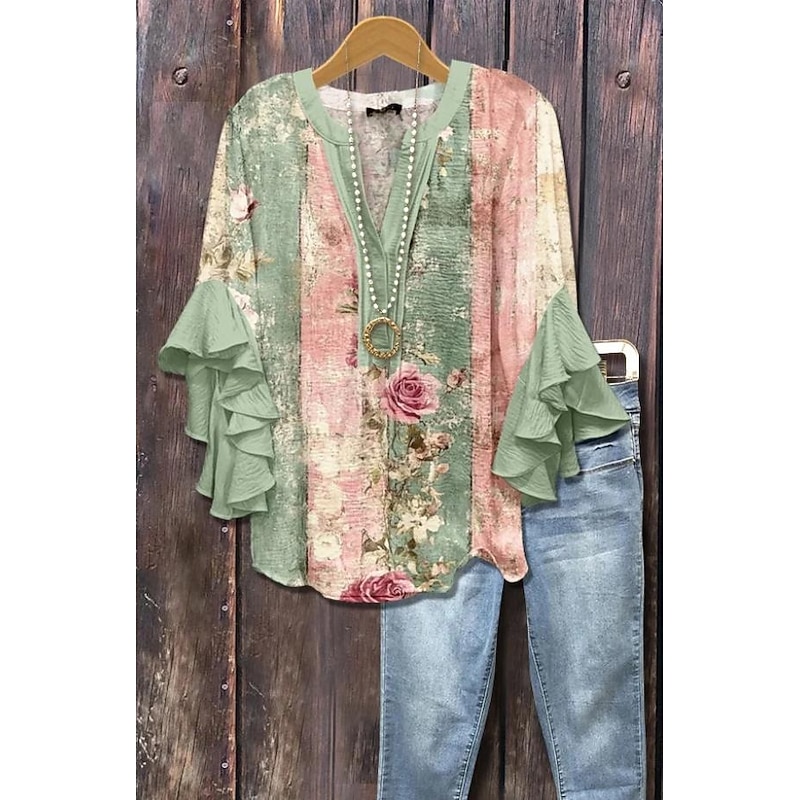 Women's Blouse V Neck Layered Ruffle Sleeve Tops Floral Graphic Paisley Daily Stylish Casual 3/4 Length Sleeve Regular Tops Daily Holiday Vacation Wear Print Purple Green Beige Light Blue Summer