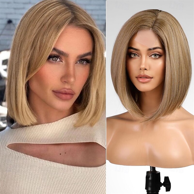 Ombre Blonde Short Bob WigsAsh Blonde Straight Shoulder Length Wigs for WomenMiddle Part Heat Resistant Fibre Synthetic Wig Daily Use