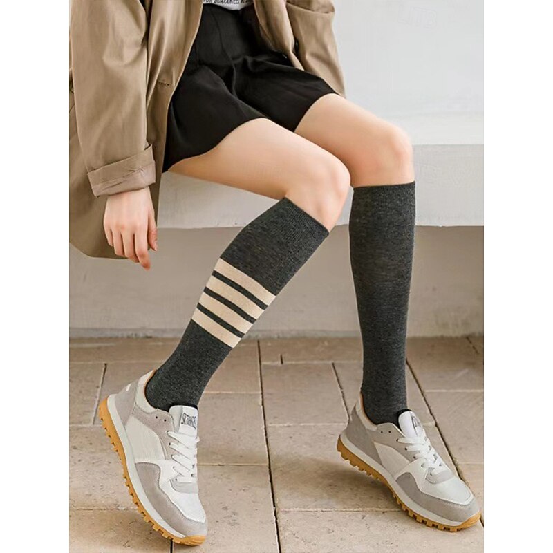 Women's Knee-High Asymmetrical Striped Socks - Sports Cotton Over-Calf School Uniform Socks for Students, Graduation, Cheerleading and Everyday Wear3