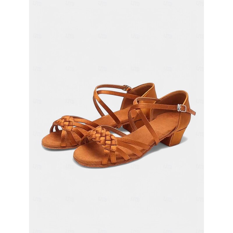 Women's Tan Latin Dance Shoes with Braided Strap Detail, Low Heel Design for Children's Latin Dance Performances4