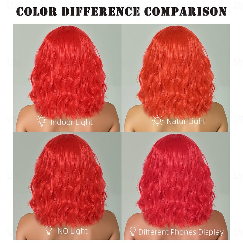 Synthetic Wig Wavy Water Wave Layered Haircut Neat Bang Machine Made Wig 14 inch A1 Synthetic Hair Women's Cool Classic Comfortable Red Multi-color4