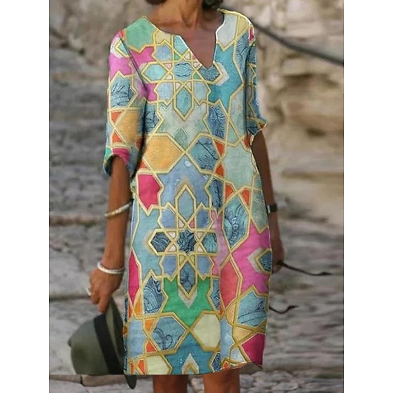 Women's Mini Dress Casual Dress Shift Dress Summer Dress Fashion Modern Daily Beach Weekend Regular Fit Floral 3/4 Length Sleeve V Neck Aqua Blue Navy Blue Blue Green Summer2