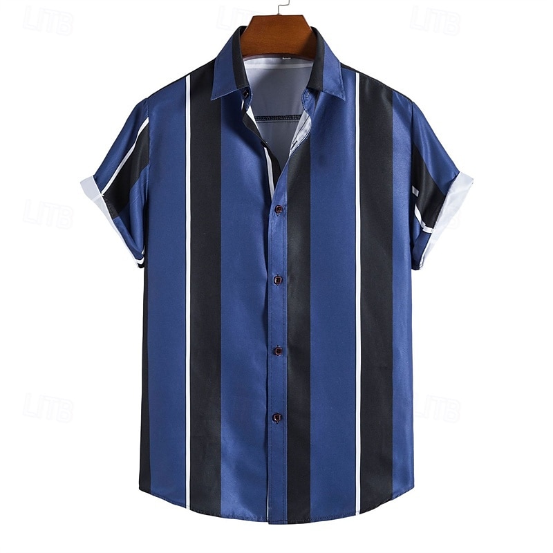 Men's Shirt Summer Shirt Casual Shirt Beach Shirt Button Up Shirt White Blue Green Gray Short Sleeve Vertical Stripes Lapel Vacation Hawaiian Clothing Apparel Polyester Fashion Casual Comfortable2
