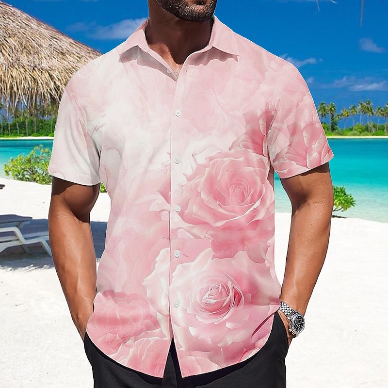 Men's Rose Floral Print Flowers Shirt Summer Hawaiian Shirt Button Up Shirt Short Sleeve Hawaiian Resort Vacation Holiday Beach Wear Summer Spring Turndown 3D Print Collared Shirts Pink Blue