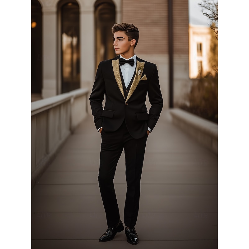 Men's Party Prom Party Suits Peaked Lapel Black Fashion Luxury Solid Colored Standard Fit 3 Piece Single Breasted One-button3