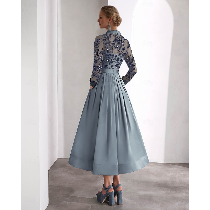 Embroidered A-Line Mother of the Bride Cocktail Dresses Elegant Formal Wedding Guest Ankle Length Long Sleeve Shirt Collar Satin with Glitter Slit2