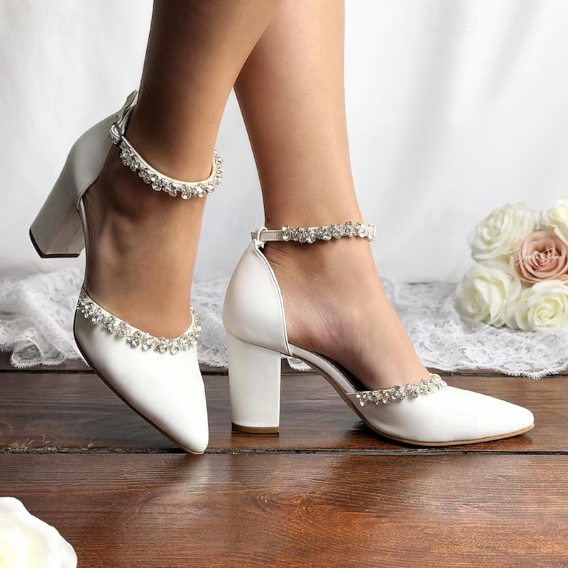 Women's White Block Heel Wedding Shoes – Pointed Toe with Rhinestone Embellished Ankle Straps, Elegant Bridal Footwear for Special Occasions